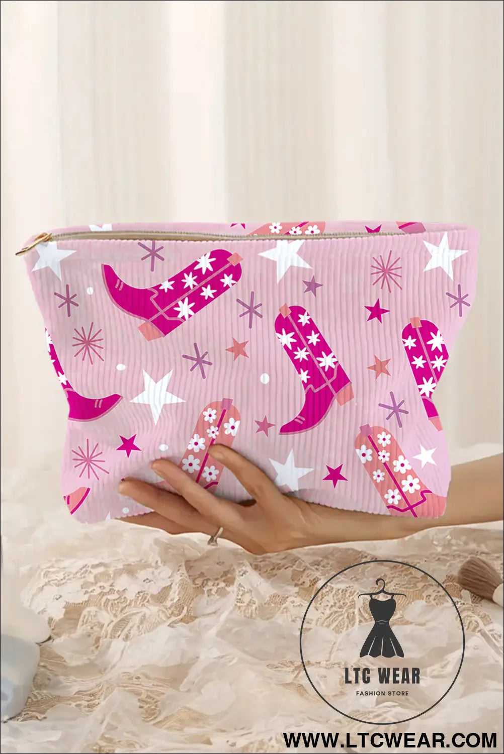 Pink western cowboy boots print corduroy makeup bag - pink / one size / 95% pu + 5% alloy - makeup bags