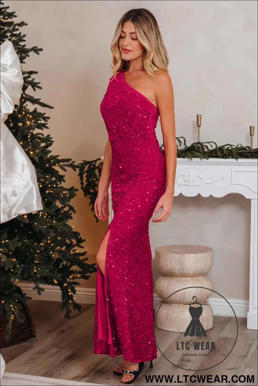 Pitaya Pink One Shoulder Bodycon Sequin Gown with Thigh High Split