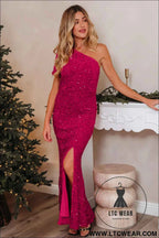 Pitaya Pink One Shoulder Bodycon Sequin Gown with Thigh High Split