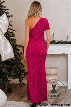 Pitaya Pink One Shoulder Bodycon Sequin Gown with Thigh High Split