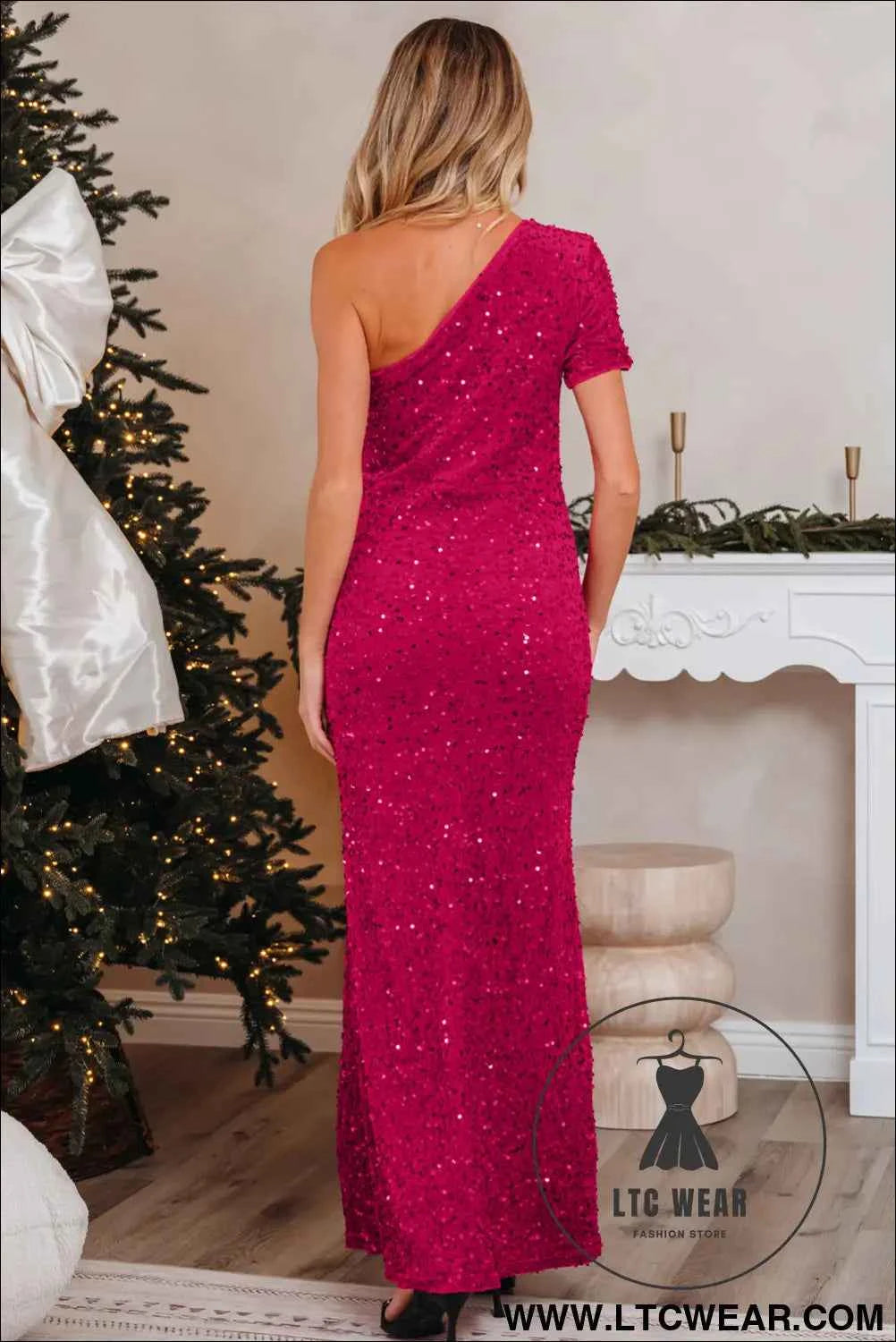 Pitaya Pink One Shoulder Bodycon Sequin Gown with Thigh High Split