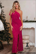 Pitaya Pink One Shoulder Bodycon Sequin Gown with Thigh High Split