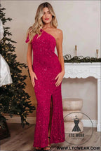 Pitaya Pink One Shoulder Bodycon Sequin Gown with Thigh High Split