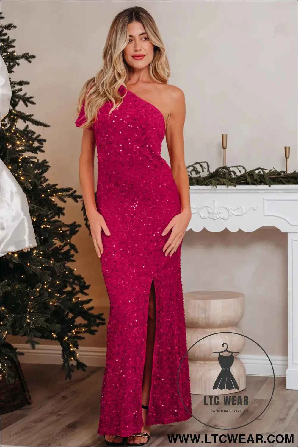 Pitaya Pink One Shoulder Bodycon Sequin Gown with Thigh High Split