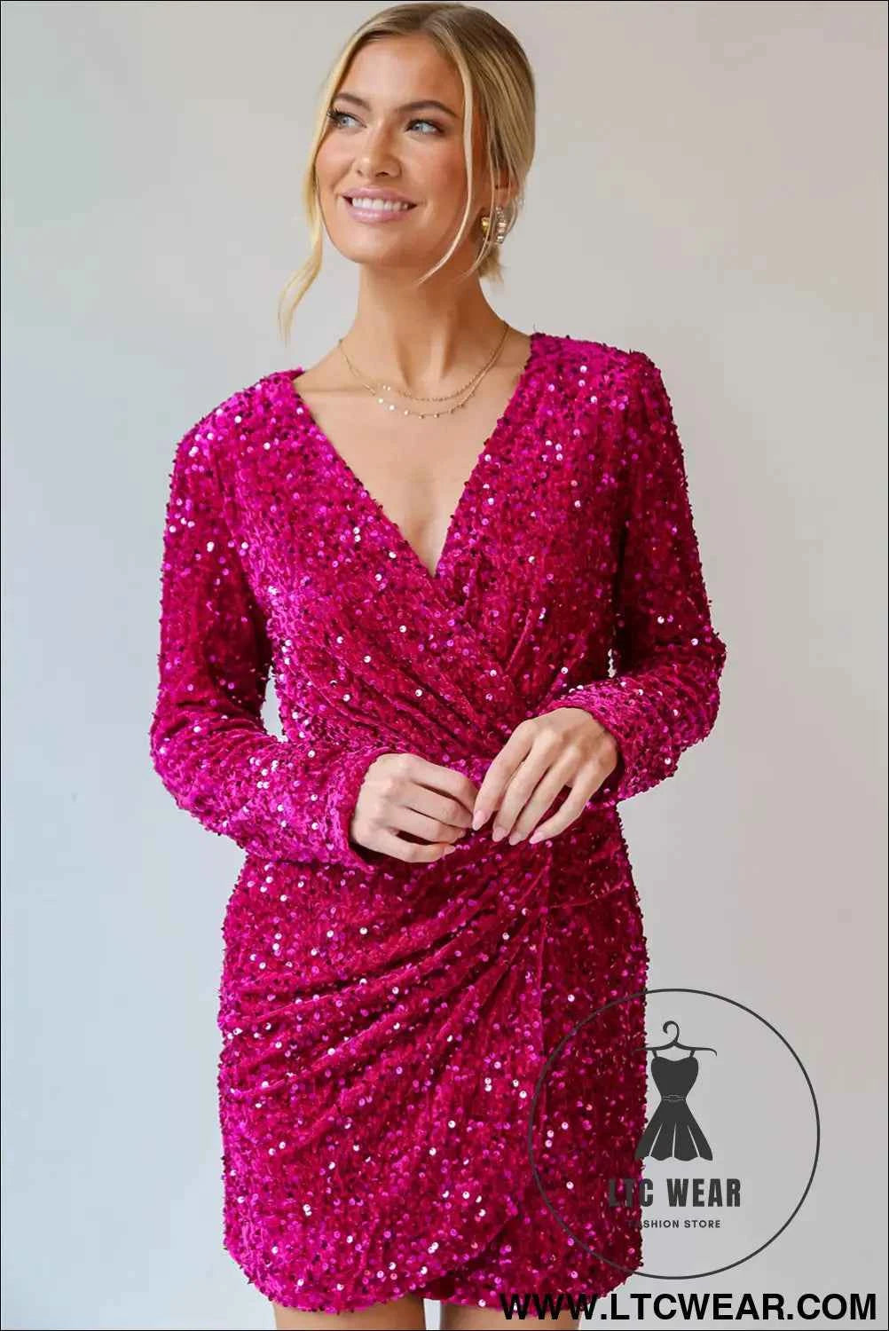 Pitaya Pink Velvet Sequin Long Sleeve V Neck Wrapped Mini Dress