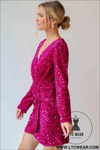 Pitaya Pink Velvet Sequin Long Sleeve V Neck Wrapped Mini Dress