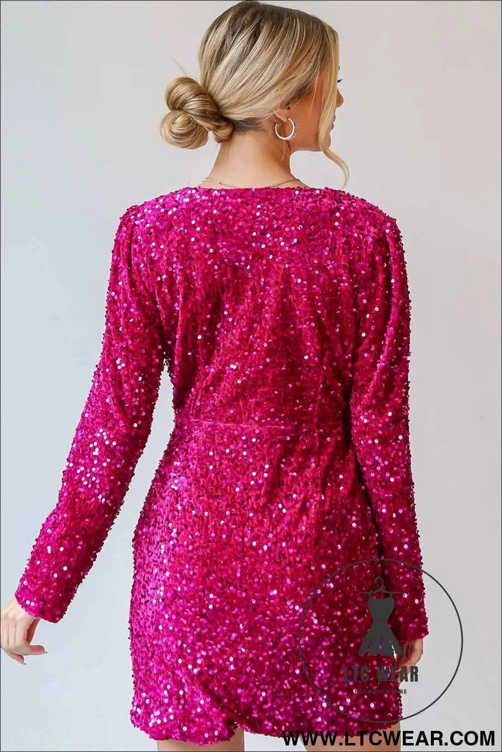Pitaya Pink Velvet Sequin Long Sleeve V Neck Wrapped Mini Dress