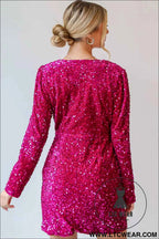 Pitaya Pink Velvet Sequin Long Sleeve V Neck Wrapped Mini Dress