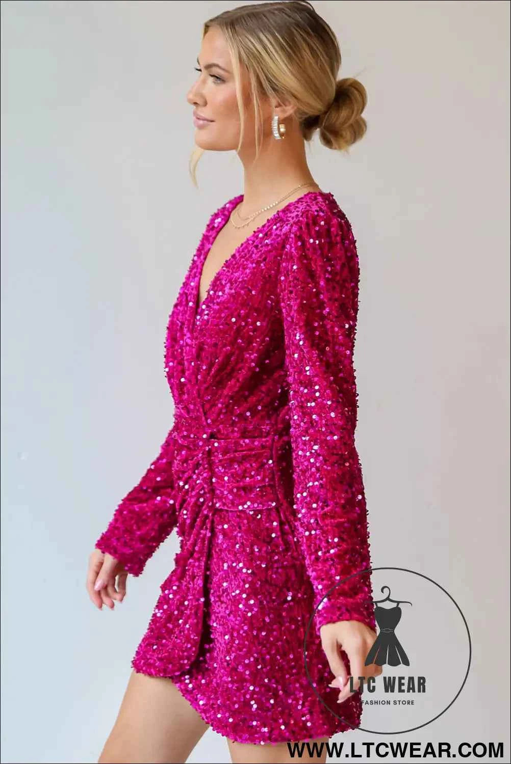 Pitaya Pink Velvet Sequin Long Sleeve V Neck Wrapped Mini Dress