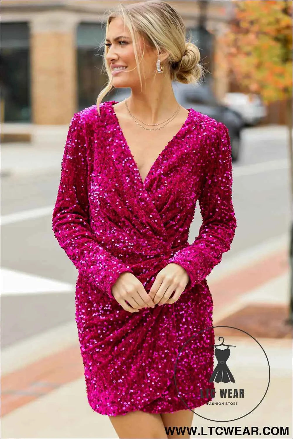 Pitaya Pink Velvet Sequin Long Sleeve V Neck Wrapped Mini Dress