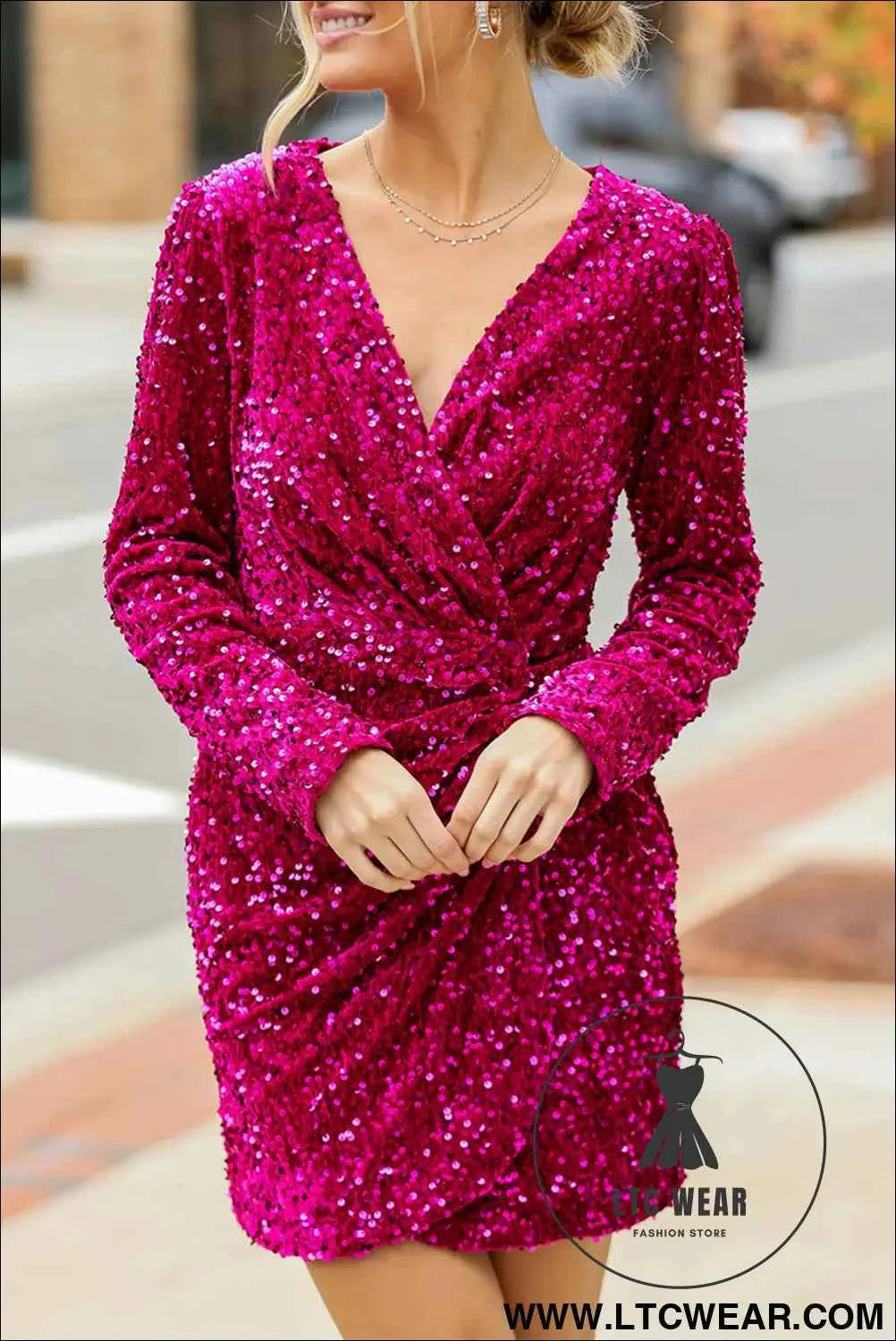 Pitaya Pink Velvet Sequin Long Sleeve V Neck Wrapped Mini Dress