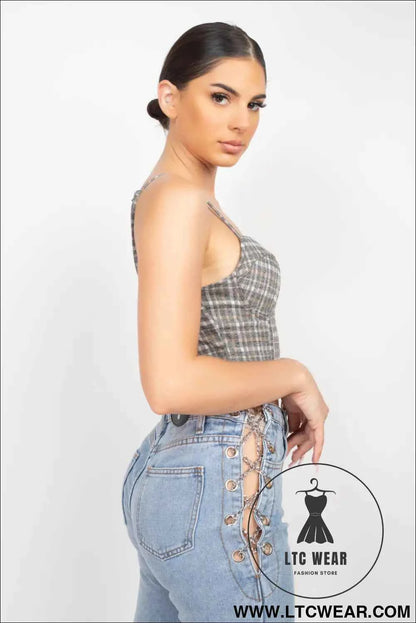 Plaid Hook & Eye Sweetheart Crop Top