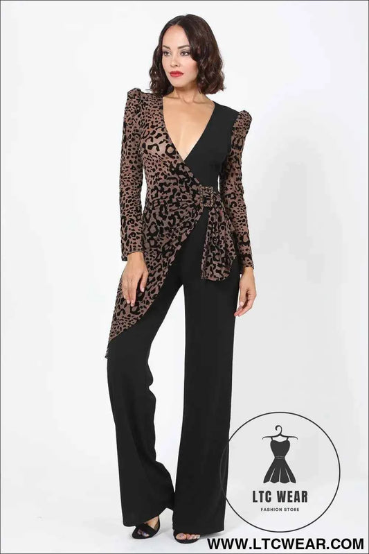 Plunging V Buckle Detail Leopard Jumpsuit