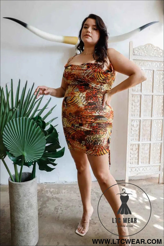 Plus Brown Fall Colors Pattern Drawstring Ruched Slip Mini Dress