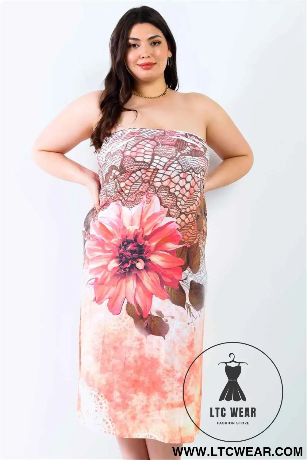 Plus Peach Flower Print Sleeveless Midi Dress