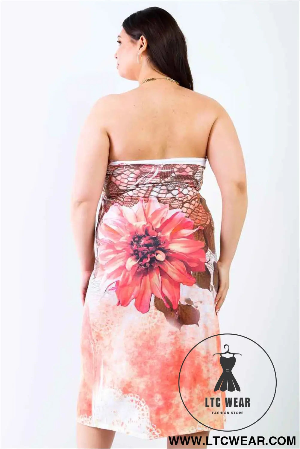 Plus Peach Flower Print Sleeveless Midi Dress