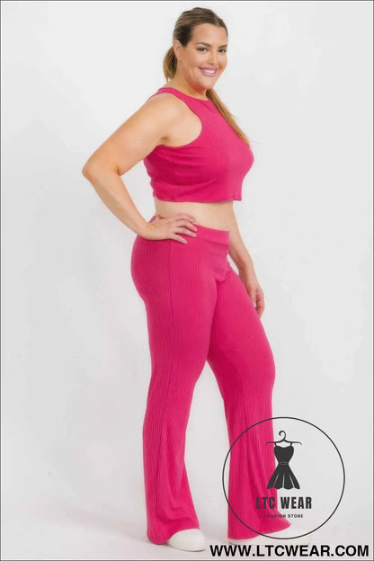 Plus Ribbed Cropped Top And Bootcut Pants Sets