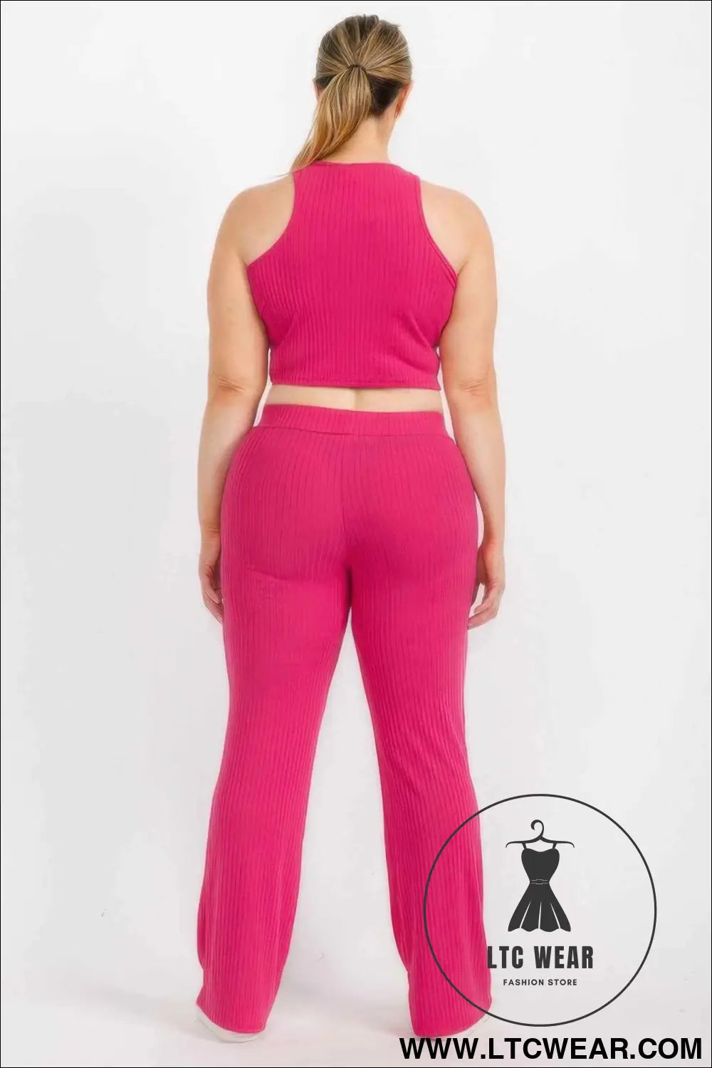 Plus Ribbed Cropped Top And Bootcut Pants Sets