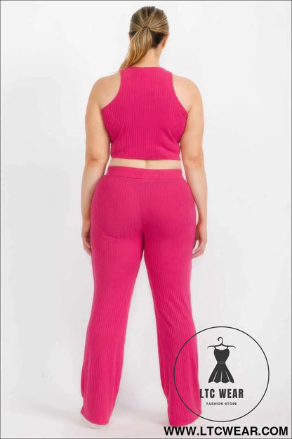 Plus Ribbed Cropped Top And Bootcut Pants Sets