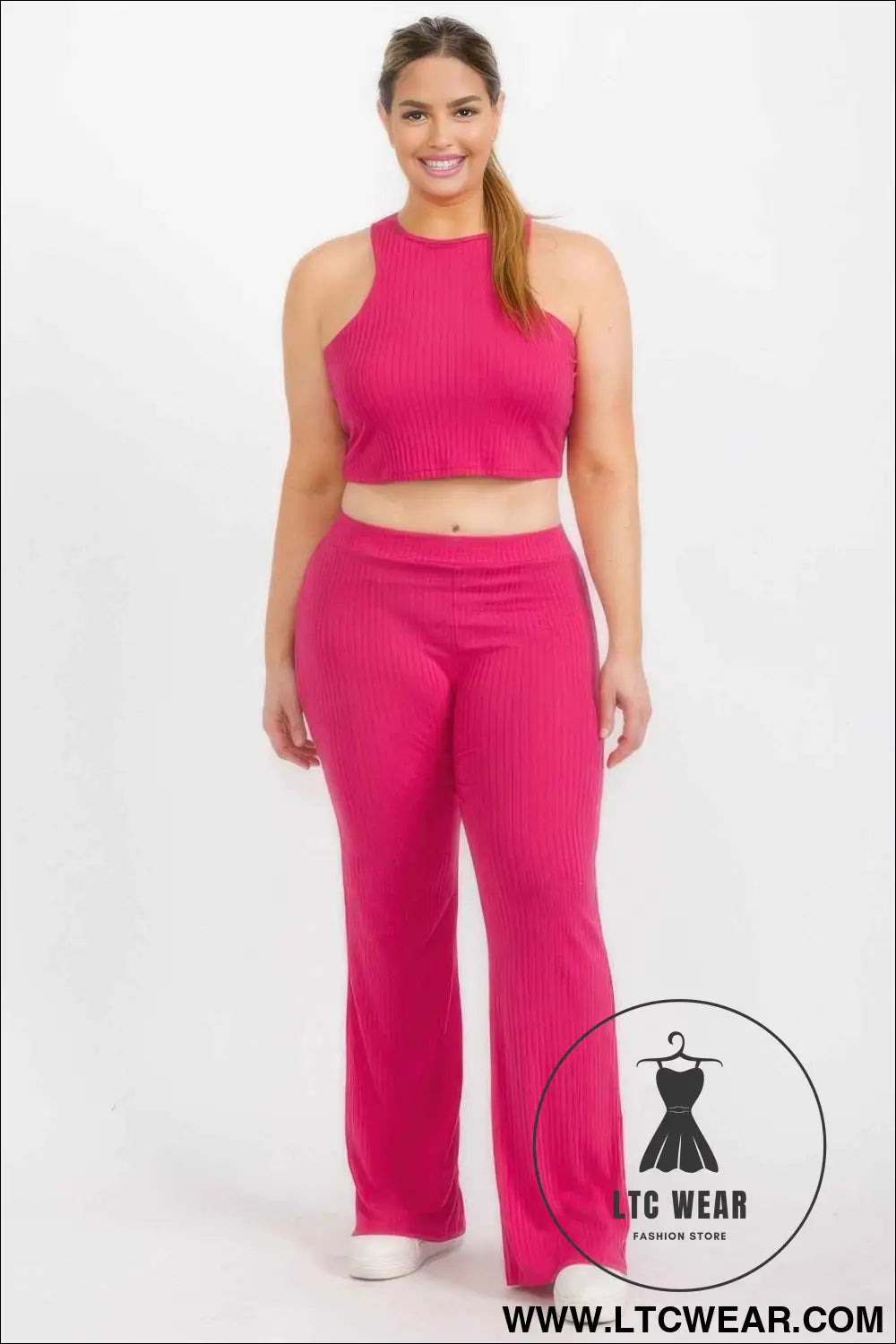 Plus Ribbed Cropped Top And Bootcut Pants Sets