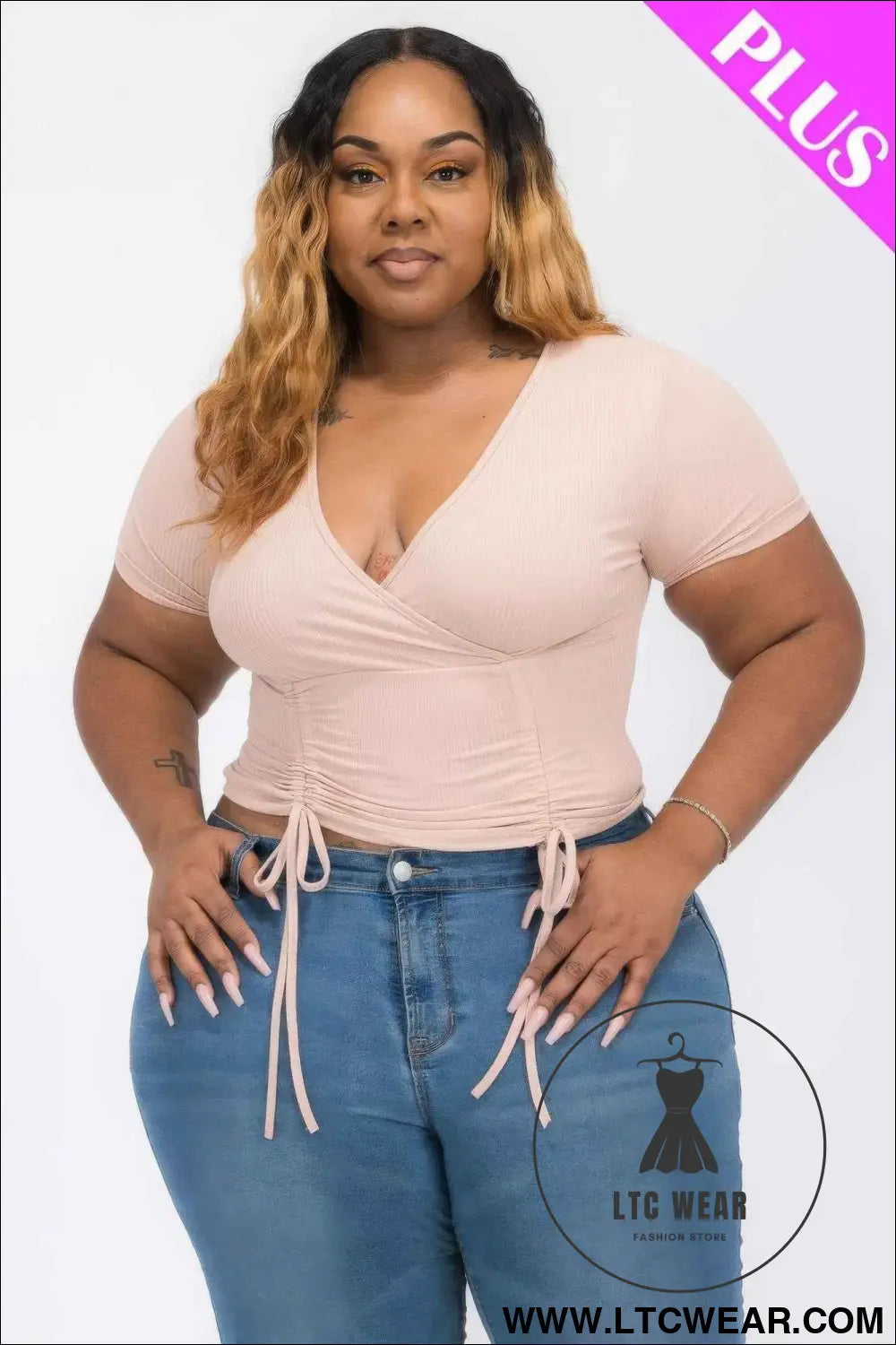 Plus Ribbed Ruched Drawstring Surplice Top