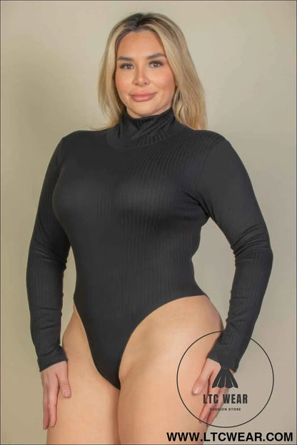 Plus Ribbed Turtle Neck Long Sleeve Bodysuit