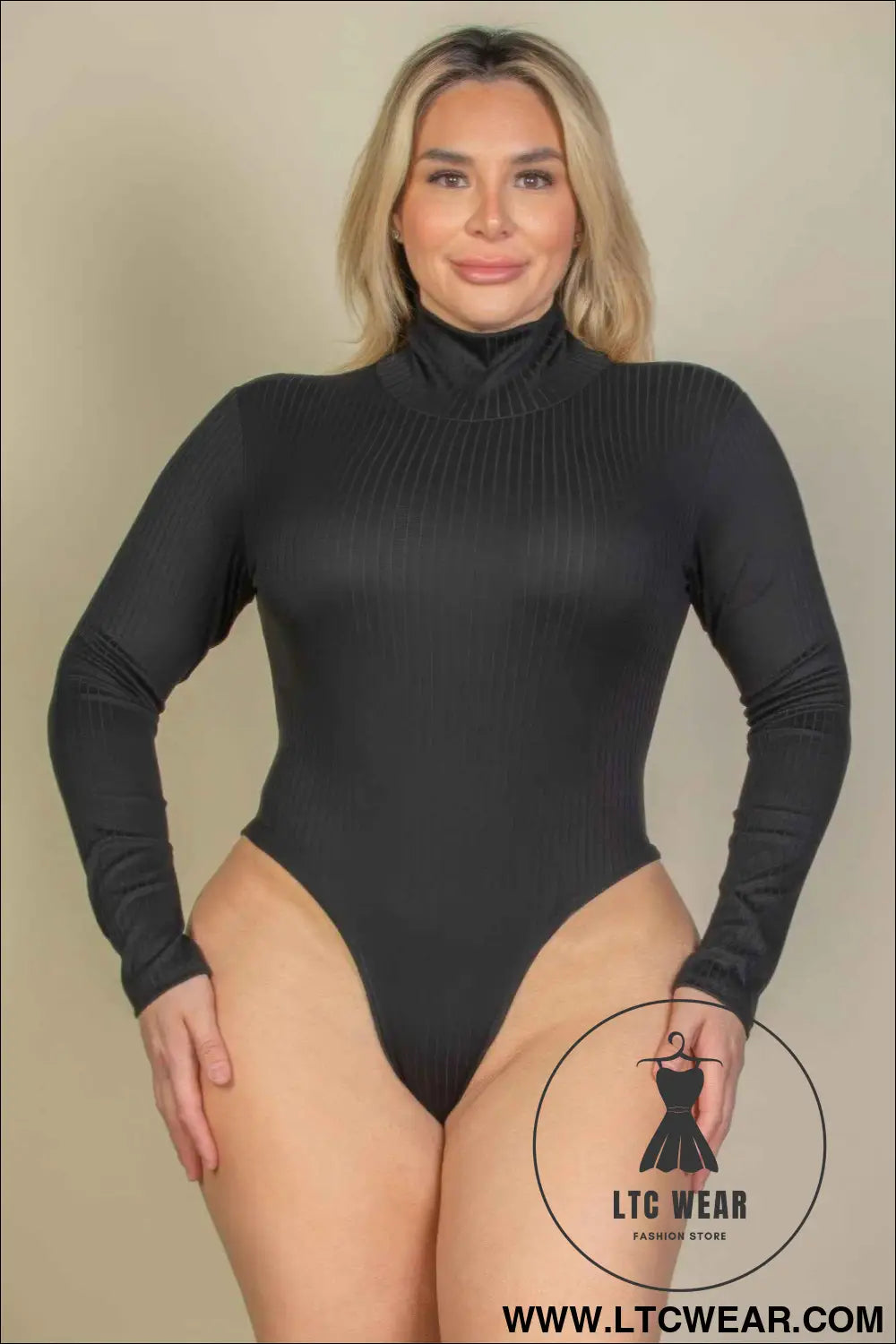 Plus Ribbed Turtle Neck Long Sleeve Bodysuit