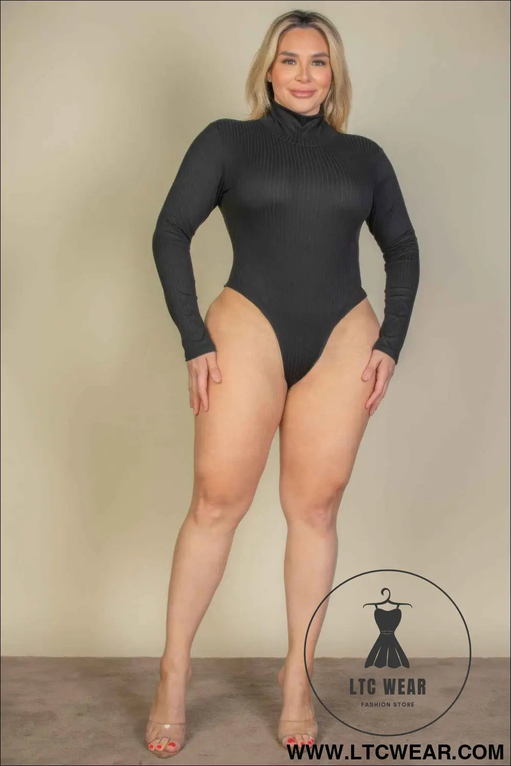 Plus Ribbed Turtle Neck Long Sleeve Bodysuit