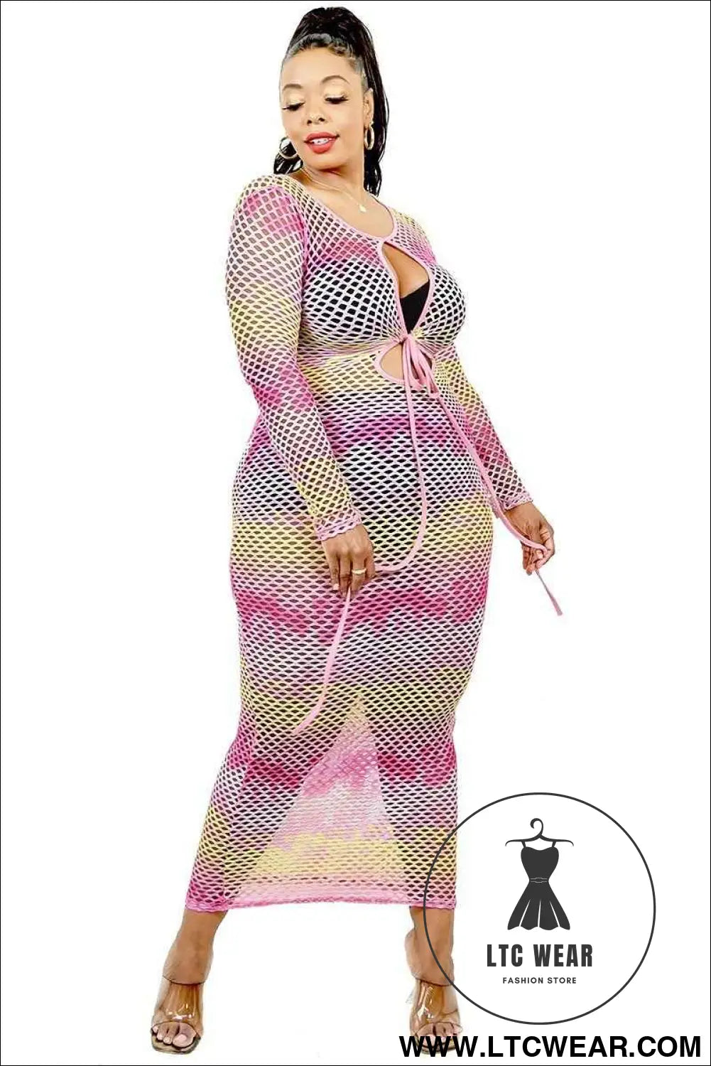 Plus See-through Gradient Fishnet Overlay Dress