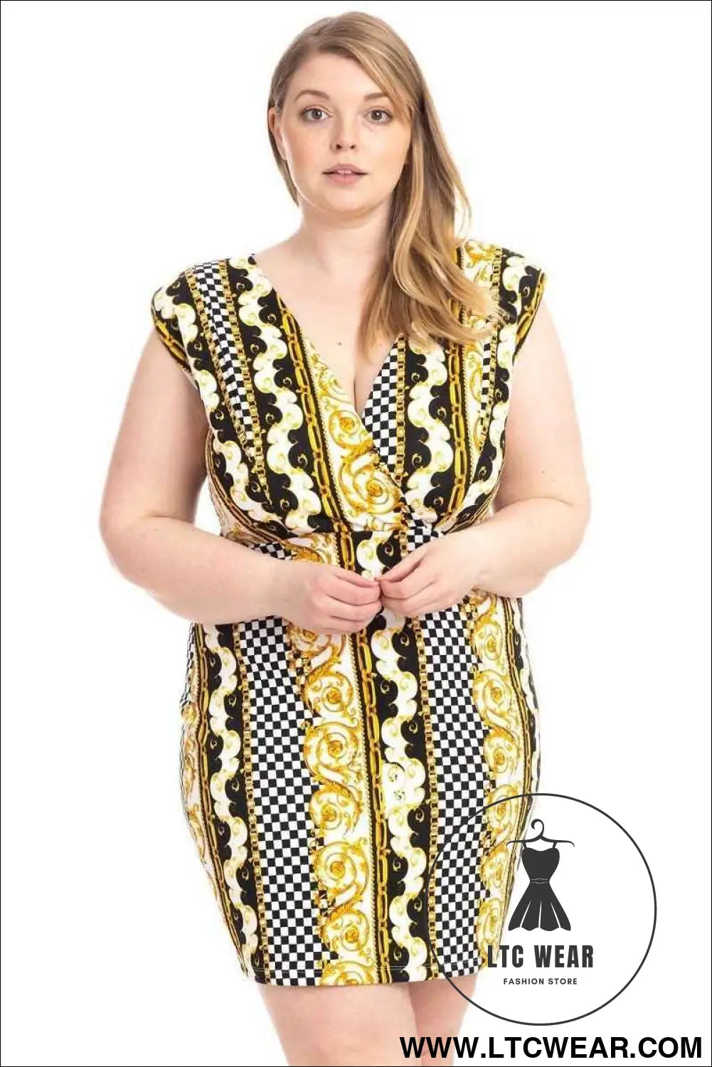 Plus Size Boarder Print  V-neck Bodycon Dress