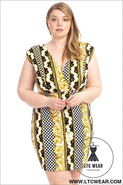 Plus Size Boarder Print  V-neck Bodycon Dress