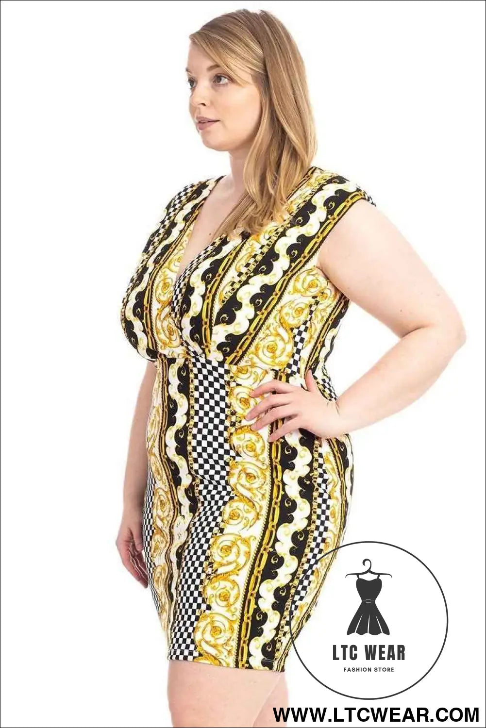 Plus Size Boarder Print  V-neck Bodycon Dress