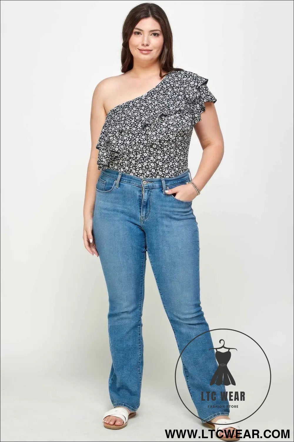 Plus Size Ditsy Floral One Shoulder Bodysuit