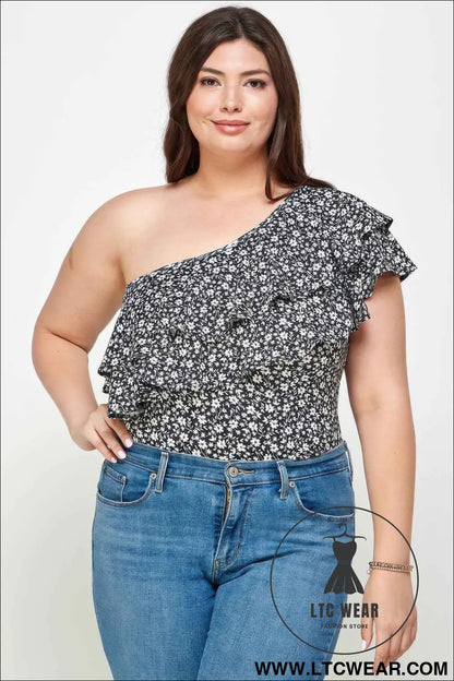 Plus Size Ditsy Floral One Shoulder Bodysuit