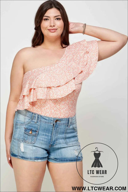 Plus Size Ditsy Floral One Shoulder Bodysuit