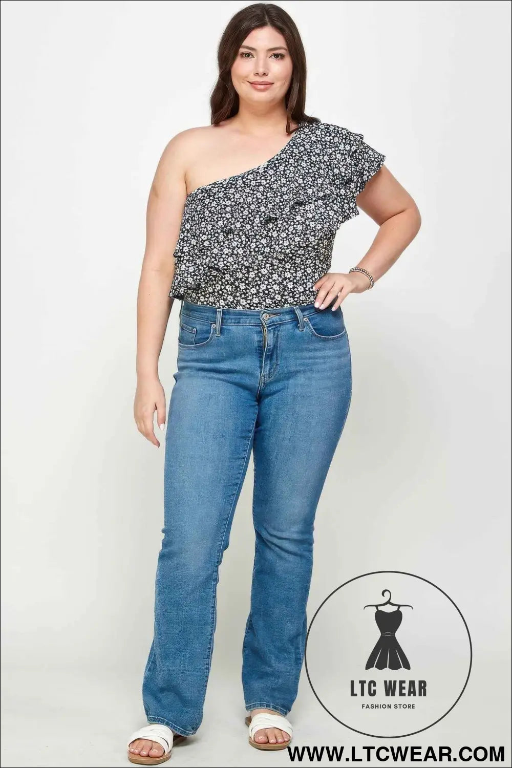 Plus Size Ditsy Floral One Shoulder Bodysuit