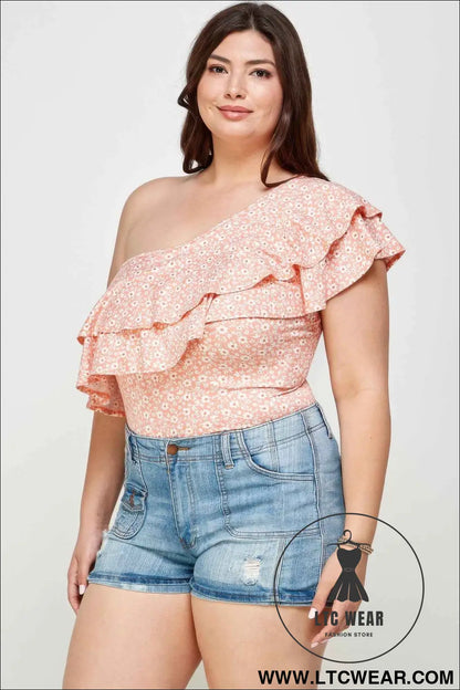 Plus Size Ditsy Floral One Shoulder Bodysuit