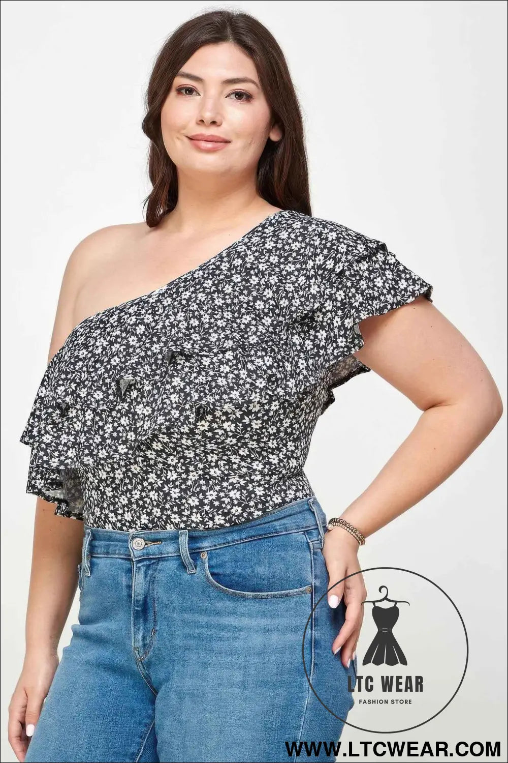 Plus Size Ditsy Floral One Shoulder Bodysuit