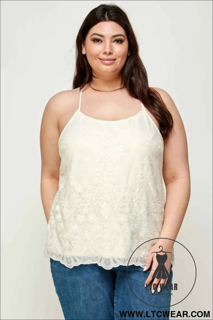 Plus Size Embroidered Mesh T-back Cami