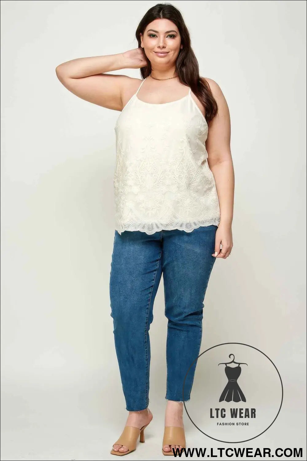 Plus Size Embroidered Mesh T-back Cami