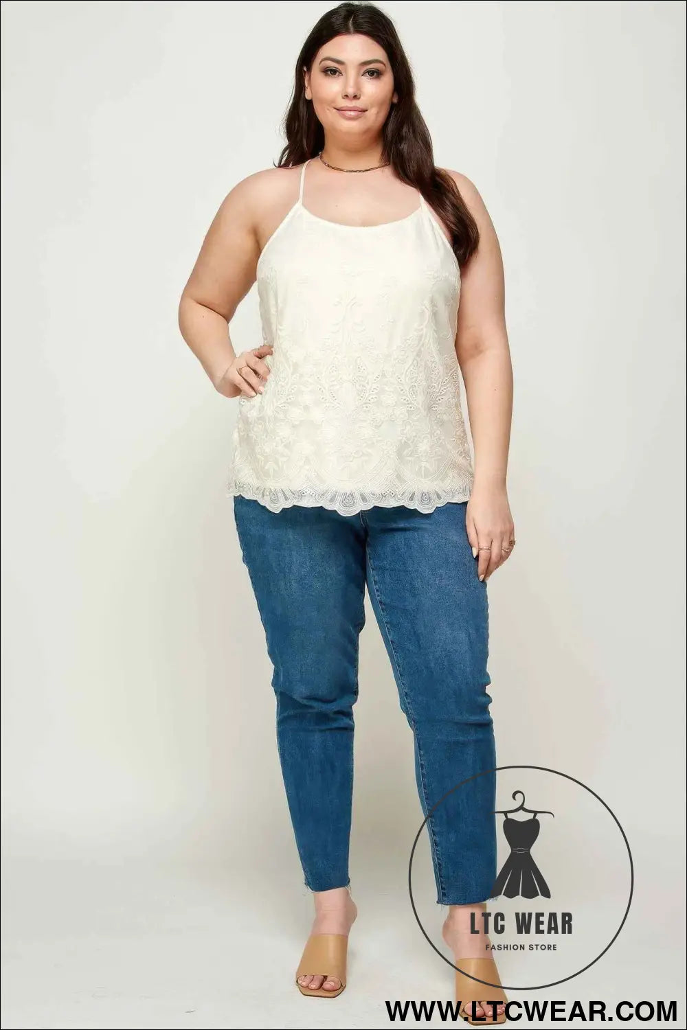 Plus Size Embroidered Mesh T-back Cami