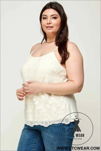Plus Size Embroidered Mesh T-back Cami