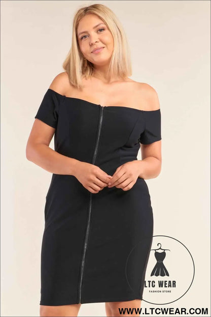 Plus Size Fitted Off-the-shoulder Front Zipper Bodycon Mini Dress