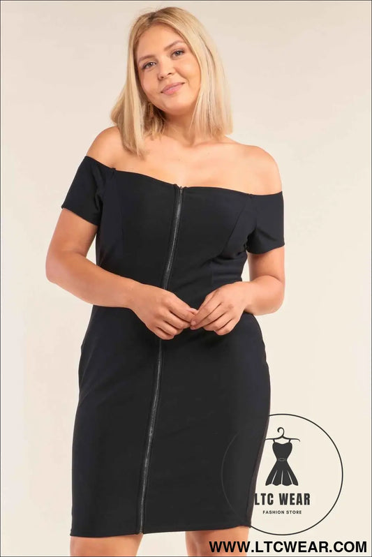 Plus Size Fitted Off-the-shoulder Front Zipper Bodycon Mini Dress