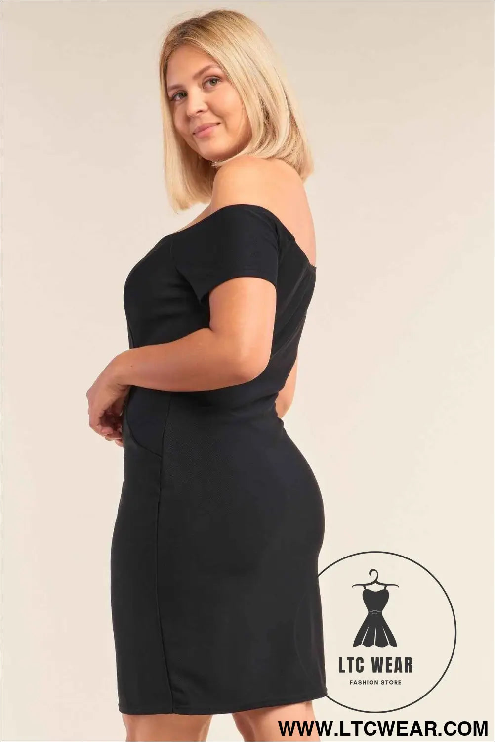 Plus Size Fitted Off-the-shoulder Front Zipper Bodycon Mini Dress