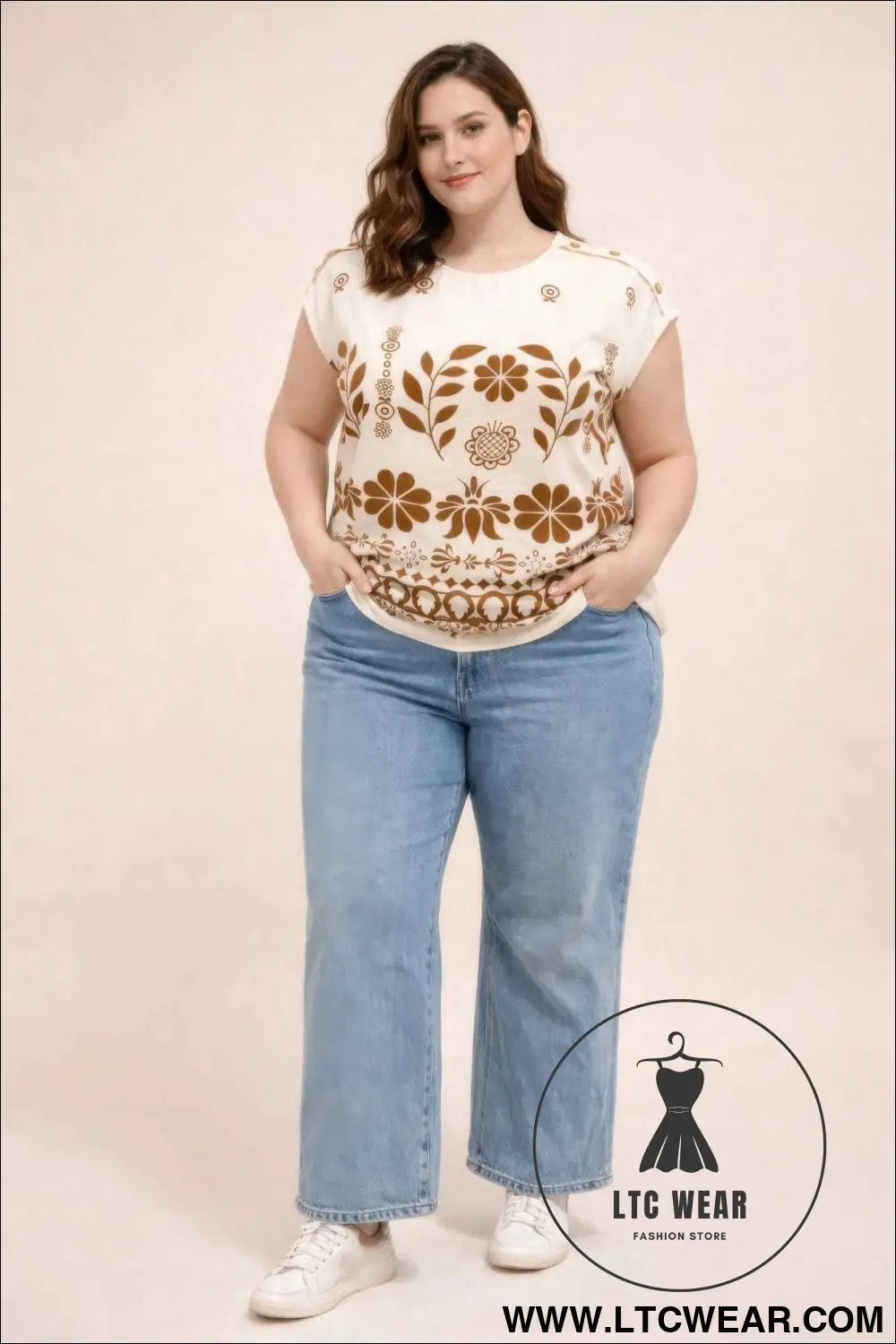 Plus Size Folk Floral Border Print Button-shoulder Top