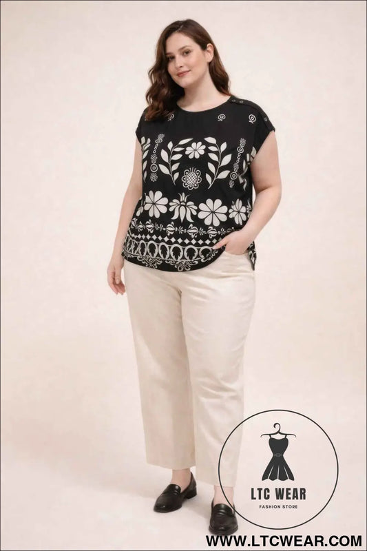 Plus Size Folk Floral Border Print Button-shoulder Top