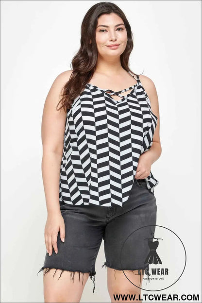 Plus Size Geometric Top With Double Spaghetti Strap