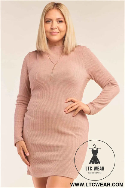Plus Size Long Sleeve Ribbed Knit Sexy Cut Out Back Mini Dress