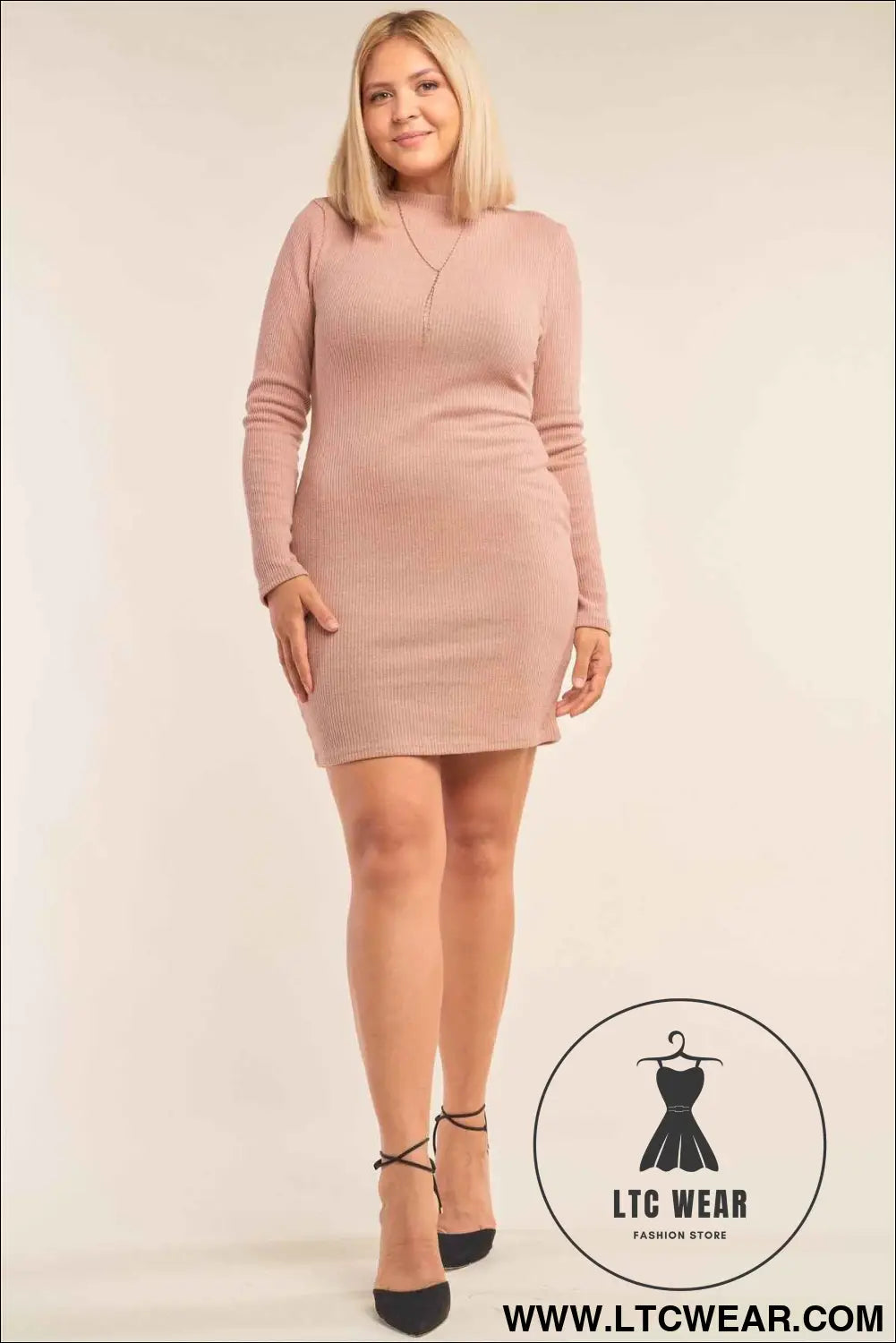 Plus Size Long Sleeve Ribbed Knit Sexy Cut Out Back Mini Dress